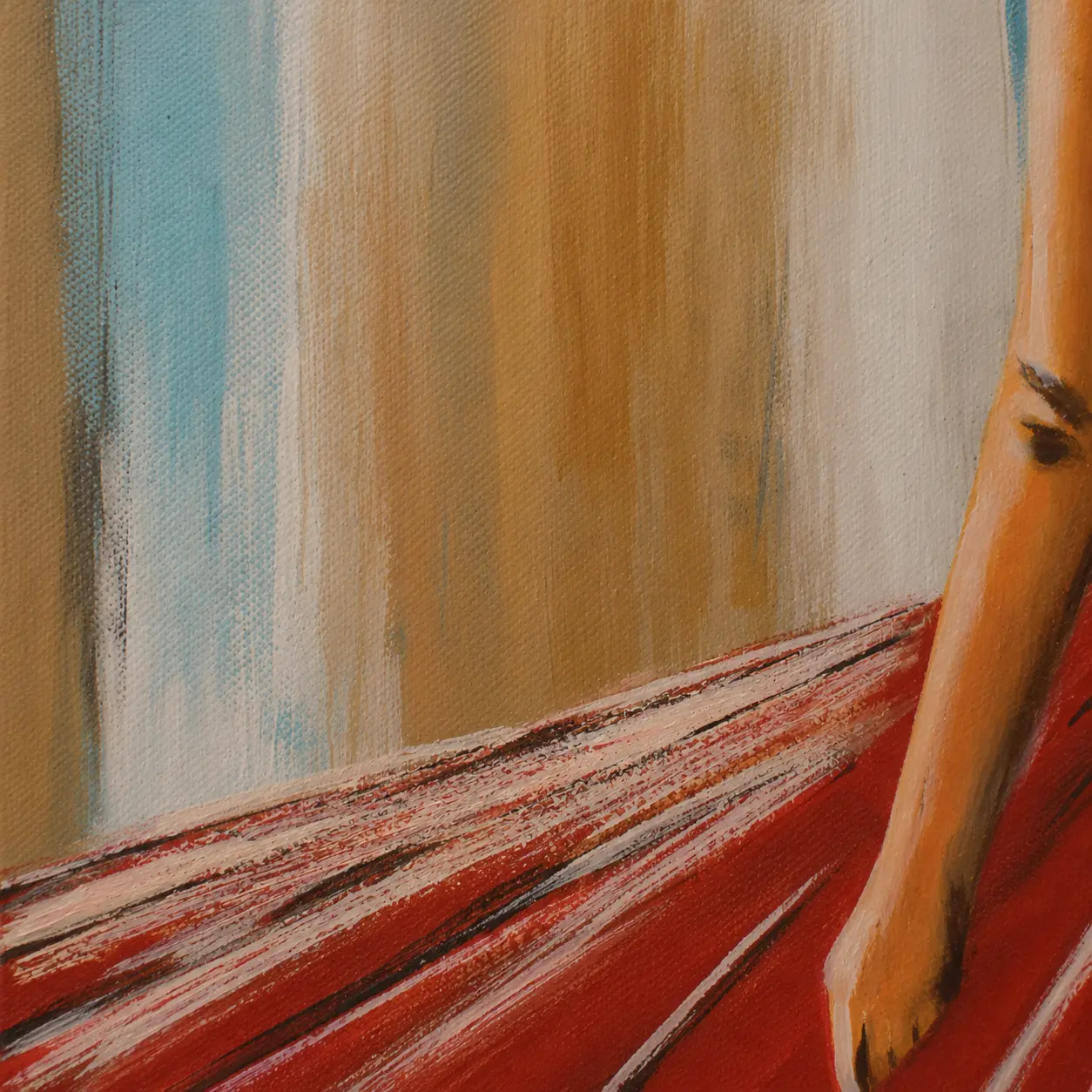 Close-up detail of textured crimson dress and layered acrylic work in Crimson Reverie painting