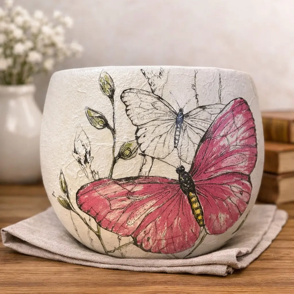 Pink Butterfly Decoupage Ceramic Planter – 7" H × 6.5" D