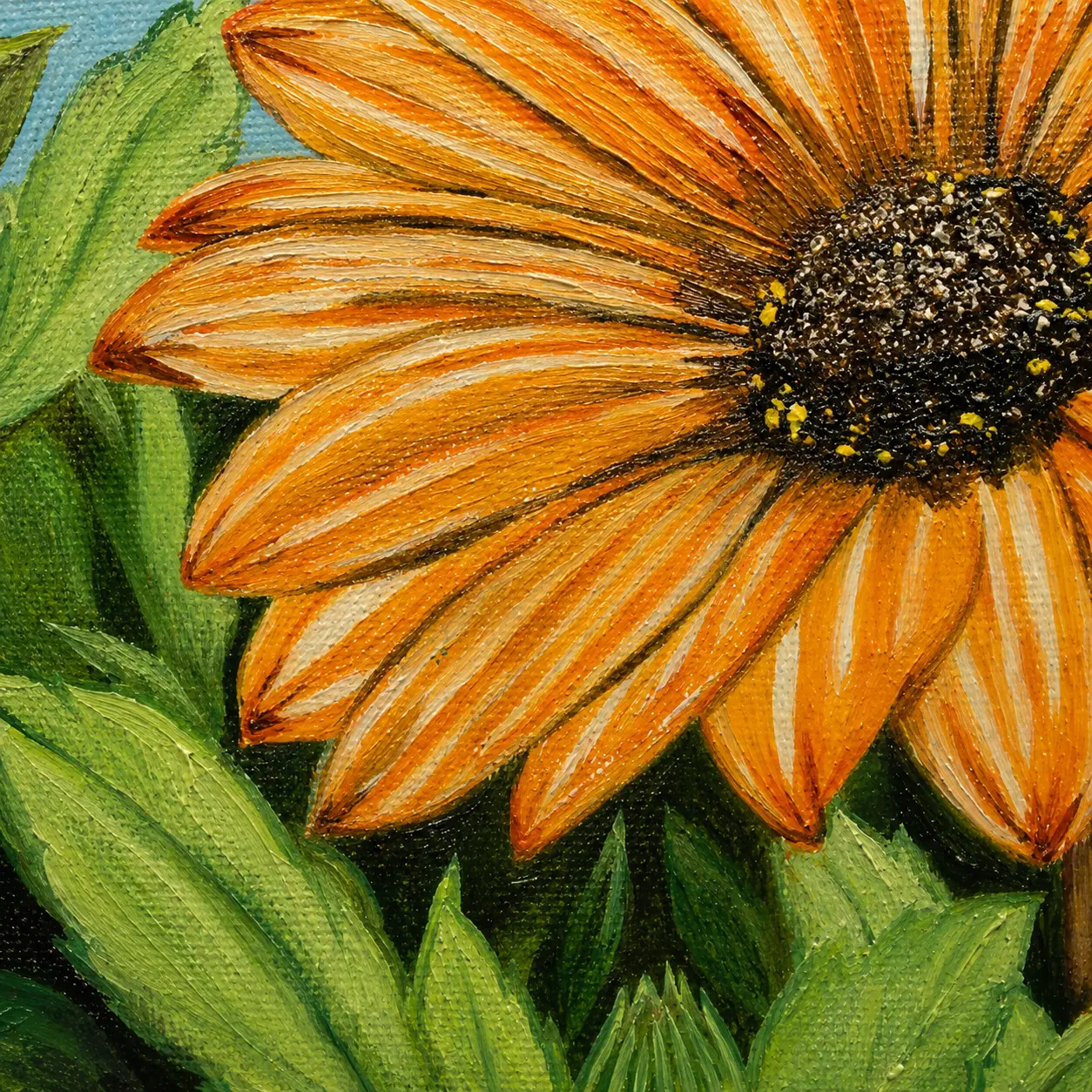 Close-up view of detailed oil brushwork and textured flower petals in Golden Bloom floral painting.