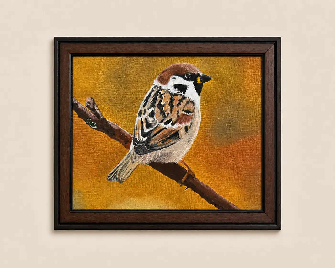 Golden Sparrow original oil painting on 10 x 12 inch canvas board featuring a sparrow perched on a branch against a warm golden background.