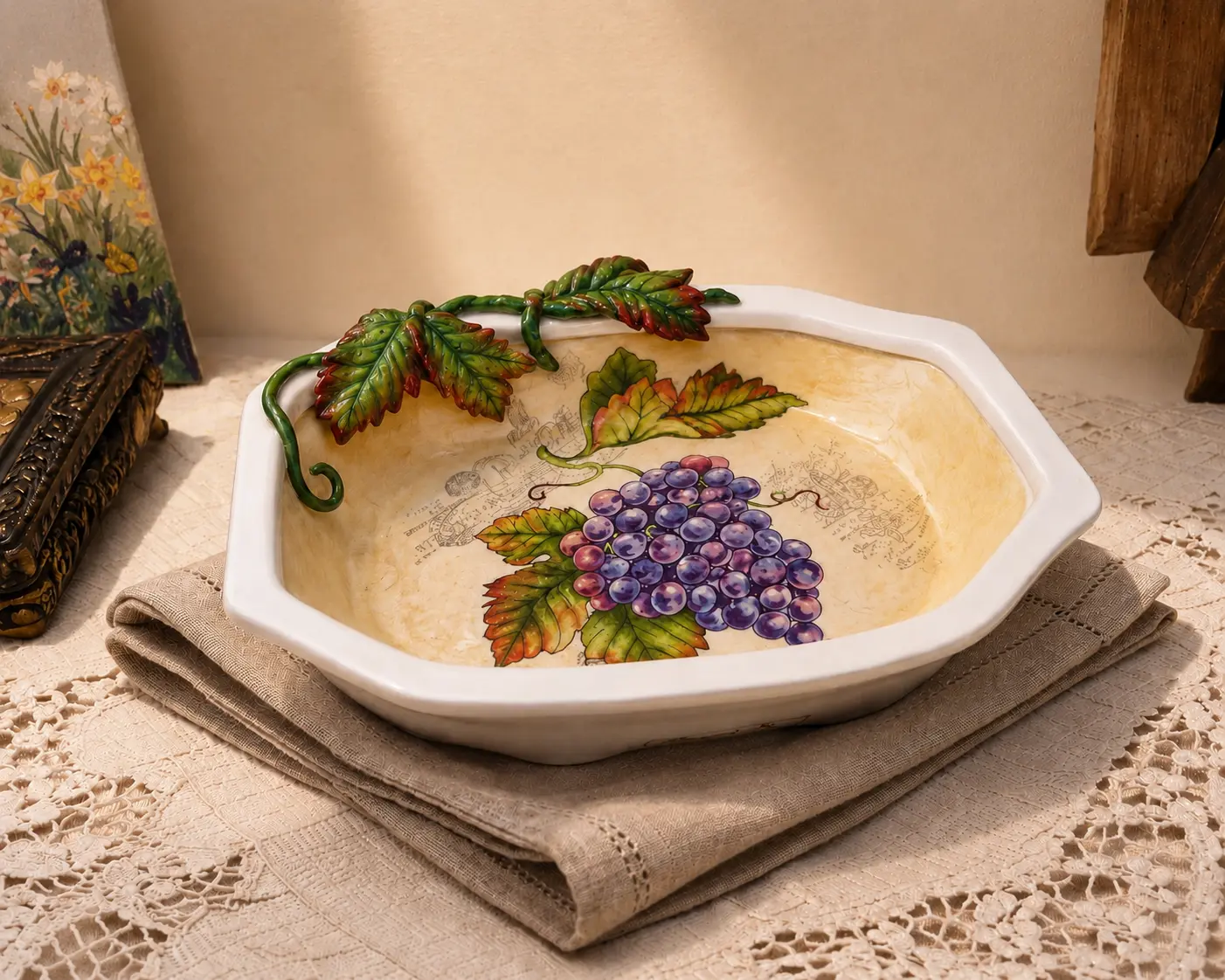 Vineyard Bloom Ceramic Bowl handcrafted decorative ceramic bowl with grapevine decoupage and clay leaf detailing