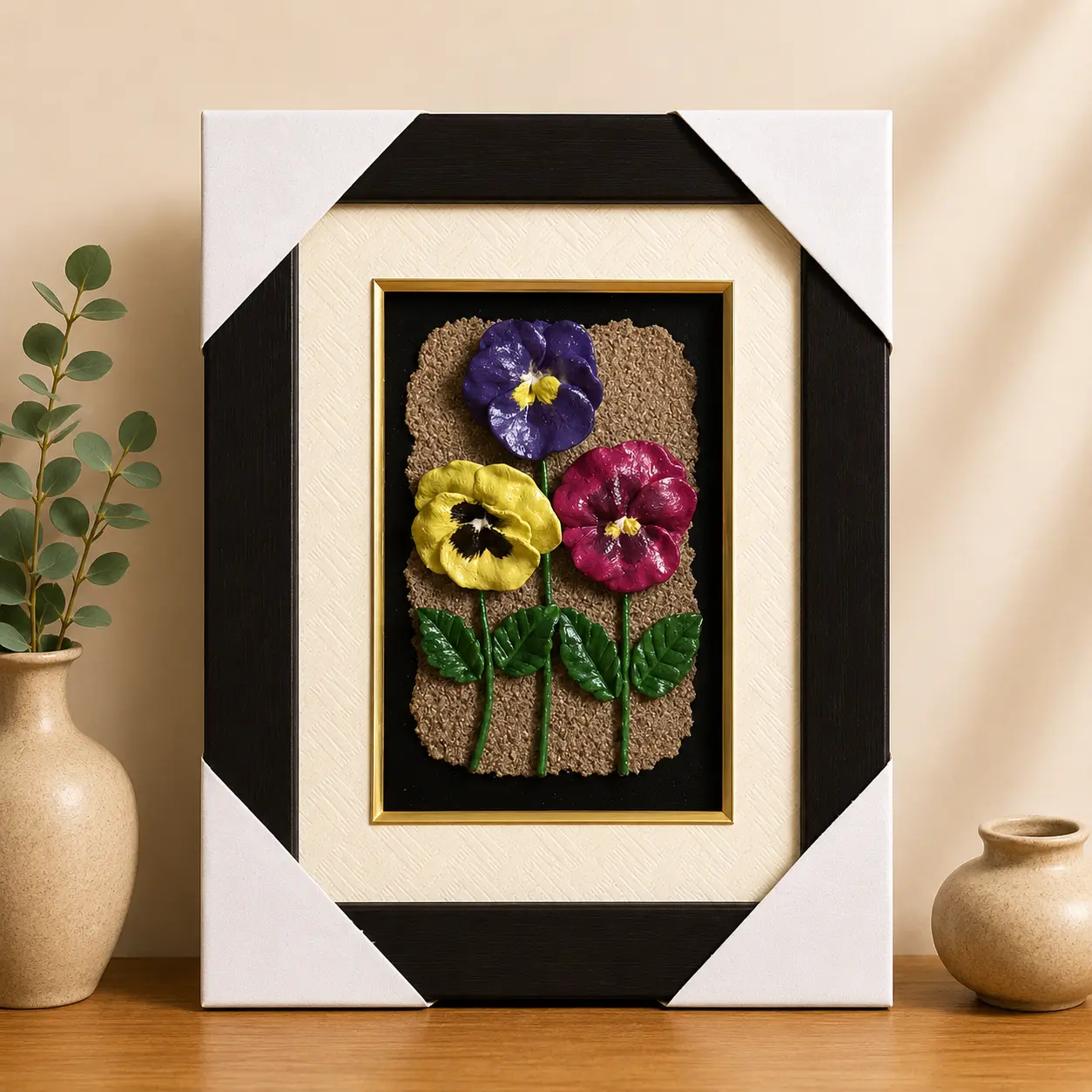 Velvet Pansies handcrafted clay wall art with multicolored pansy floral relief and textured earthy background