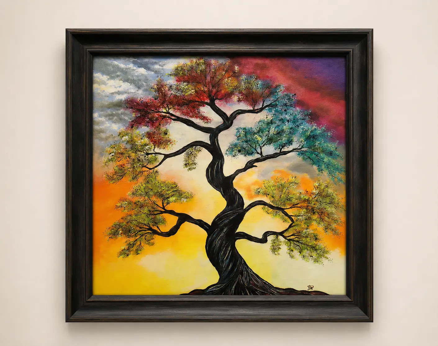 Seasons of Life original acrylic painting on 19 x 15 inch canvas board featuring a colorful tree against a dramatic sunset sky.