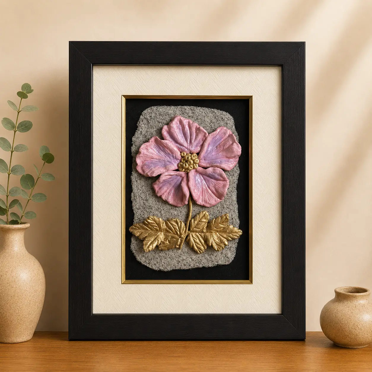 Blush Elegance handcrafted clay wall art with pink floral relief and gold leaf detailing on textured background.