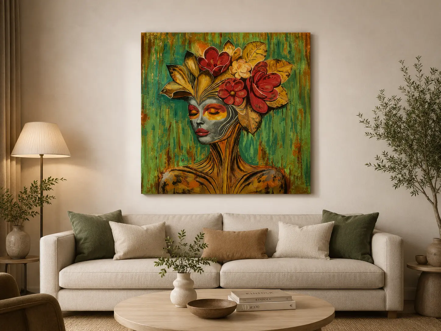 Silent Blossoms acrylic wall art displayed above sofa in a modern contemporary living room interior