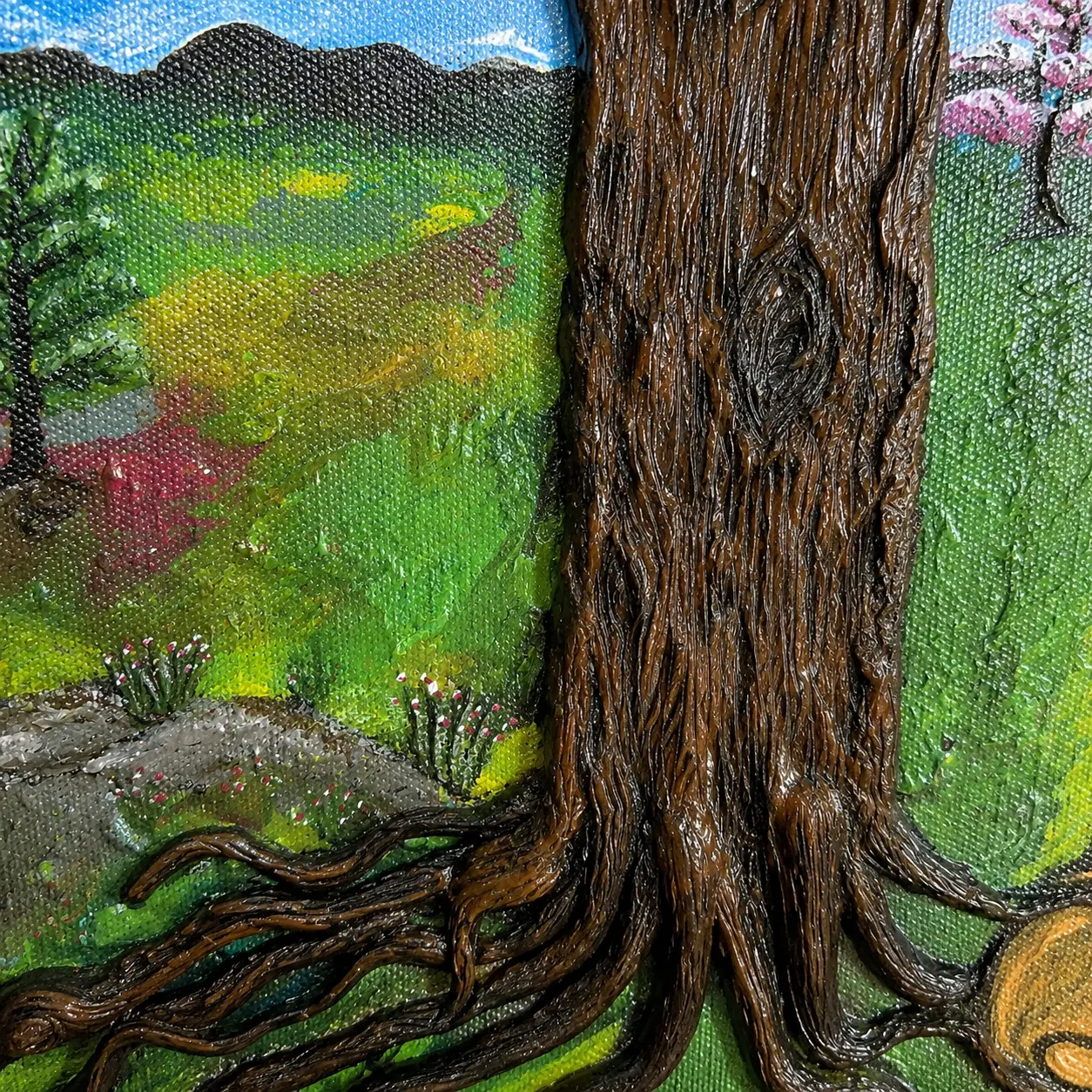 Close-up view of textured foliage, tree bark details, and handcrafted surface effects in Beneath the Bodhi Tree artwork.