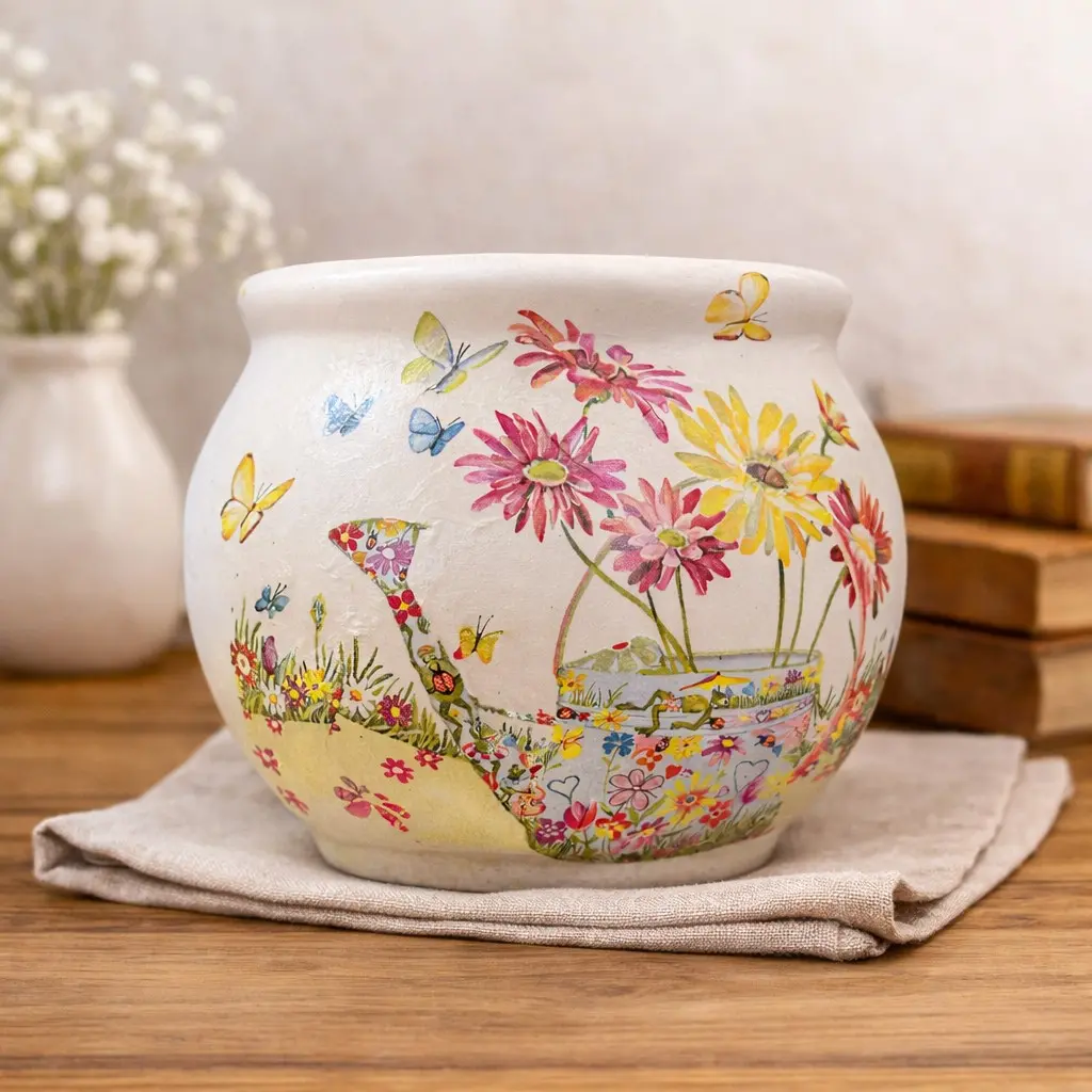 Whimsical Garden Watering Can Decoupage Ceramic Planter – 6.5" H × 4.5" D