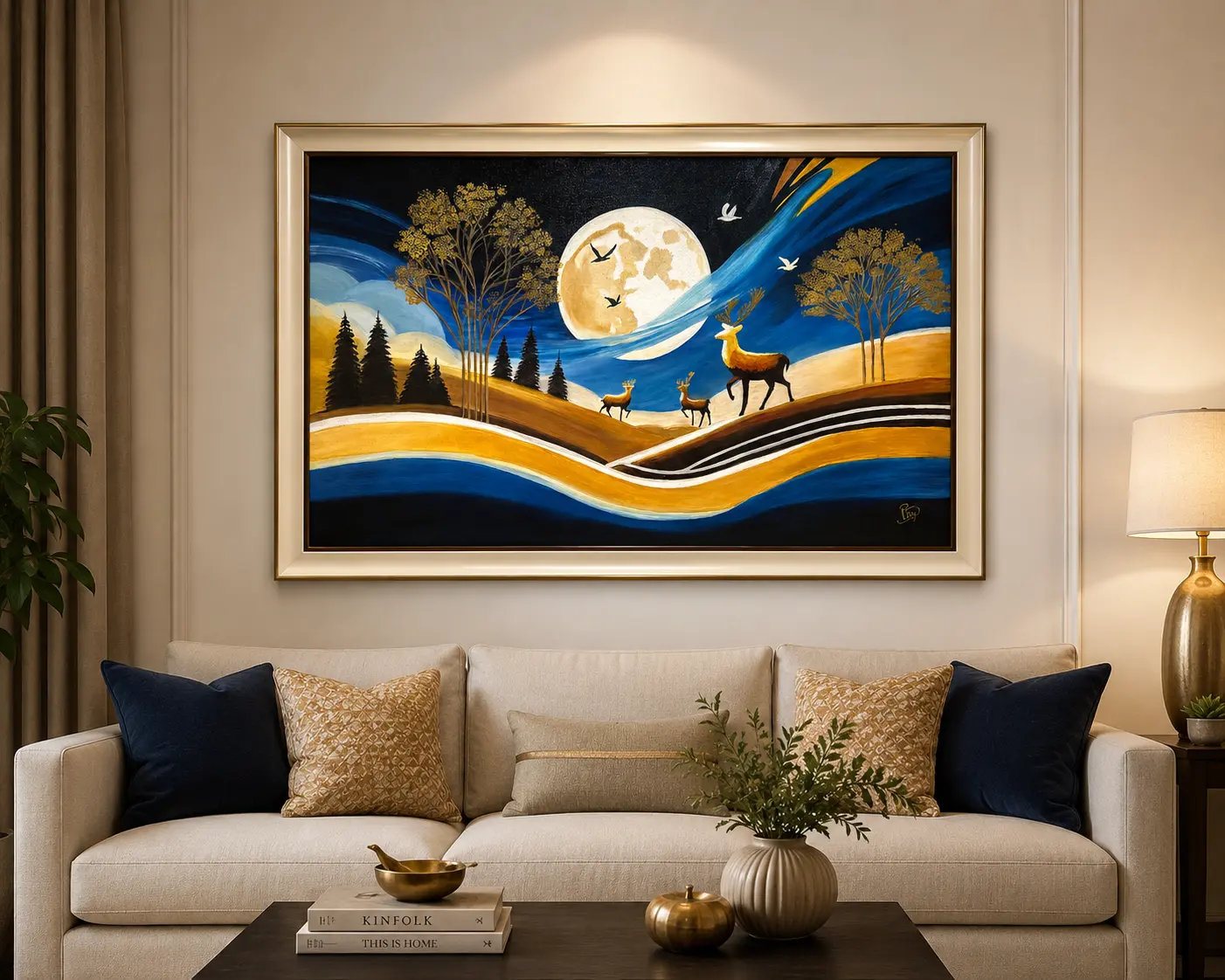 Moonlit Harmony framed oil painting displayed as elegant wall art in a contemporary living room interior.