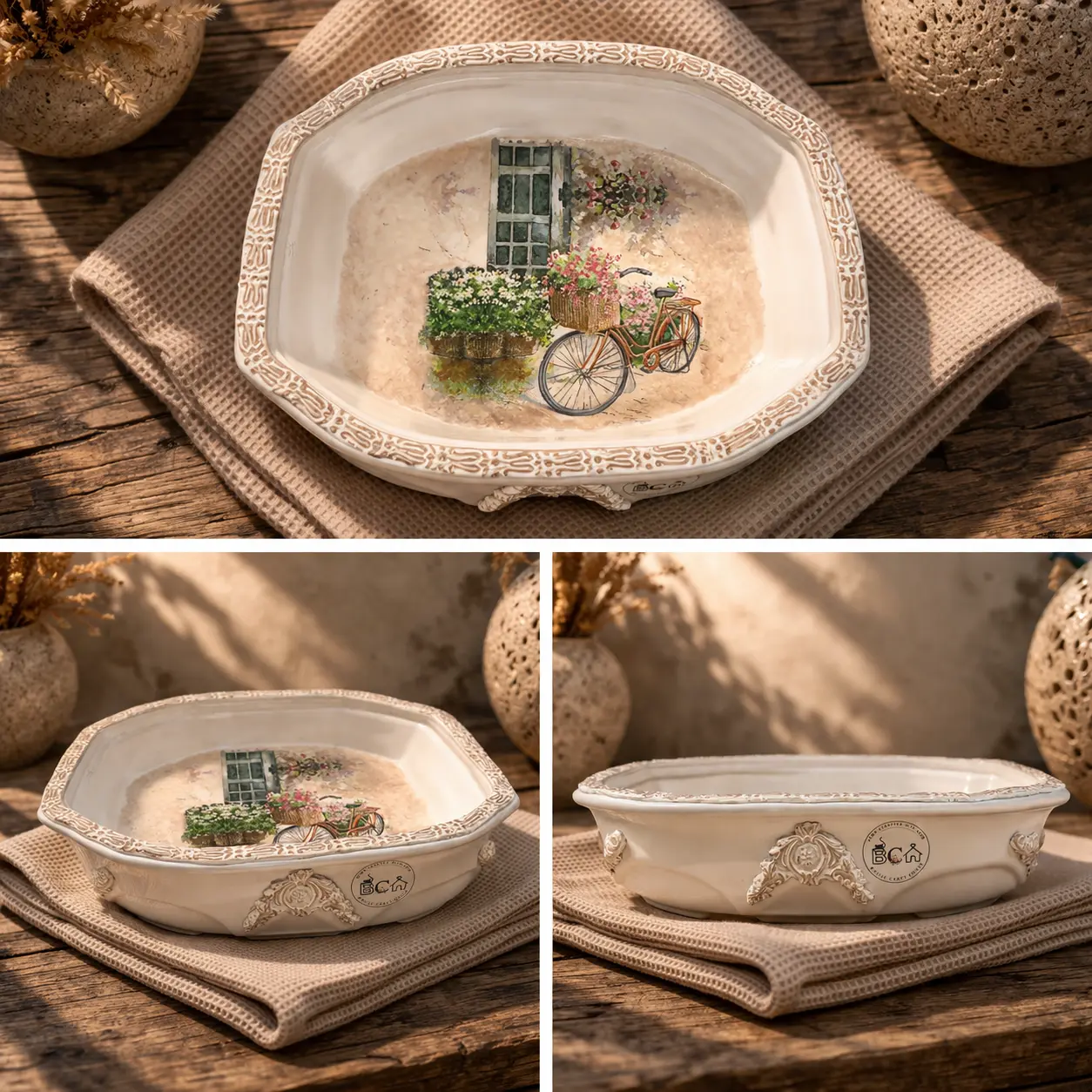 Rustic Bloom Bicycle Bowl styled ceramic planter bowl with vintage floral bicycle decoupage and textured clay border