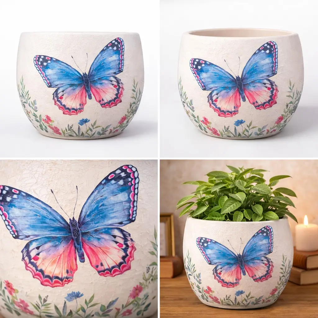 Handmade Blue Butterfly Decoupage Ceramic Planter – Decorative Butterfly Indoor Plant Pot