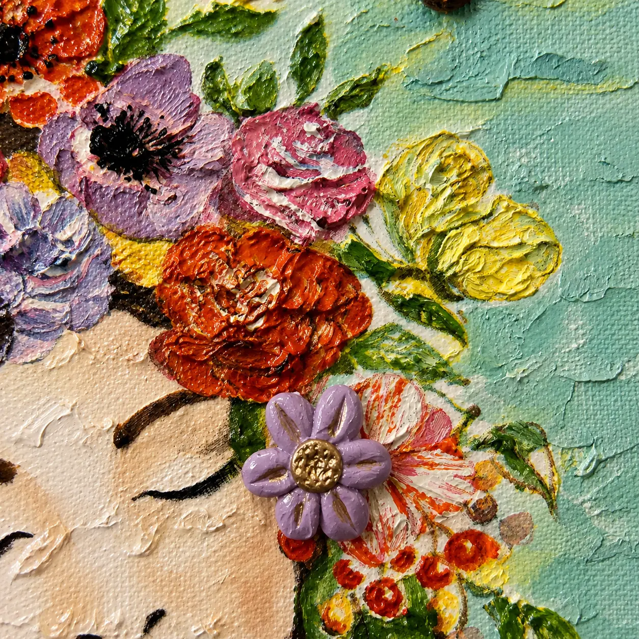 Close-up view of handcrafted floral textures and dimensional embellishments in Blooming Serenity artwork.