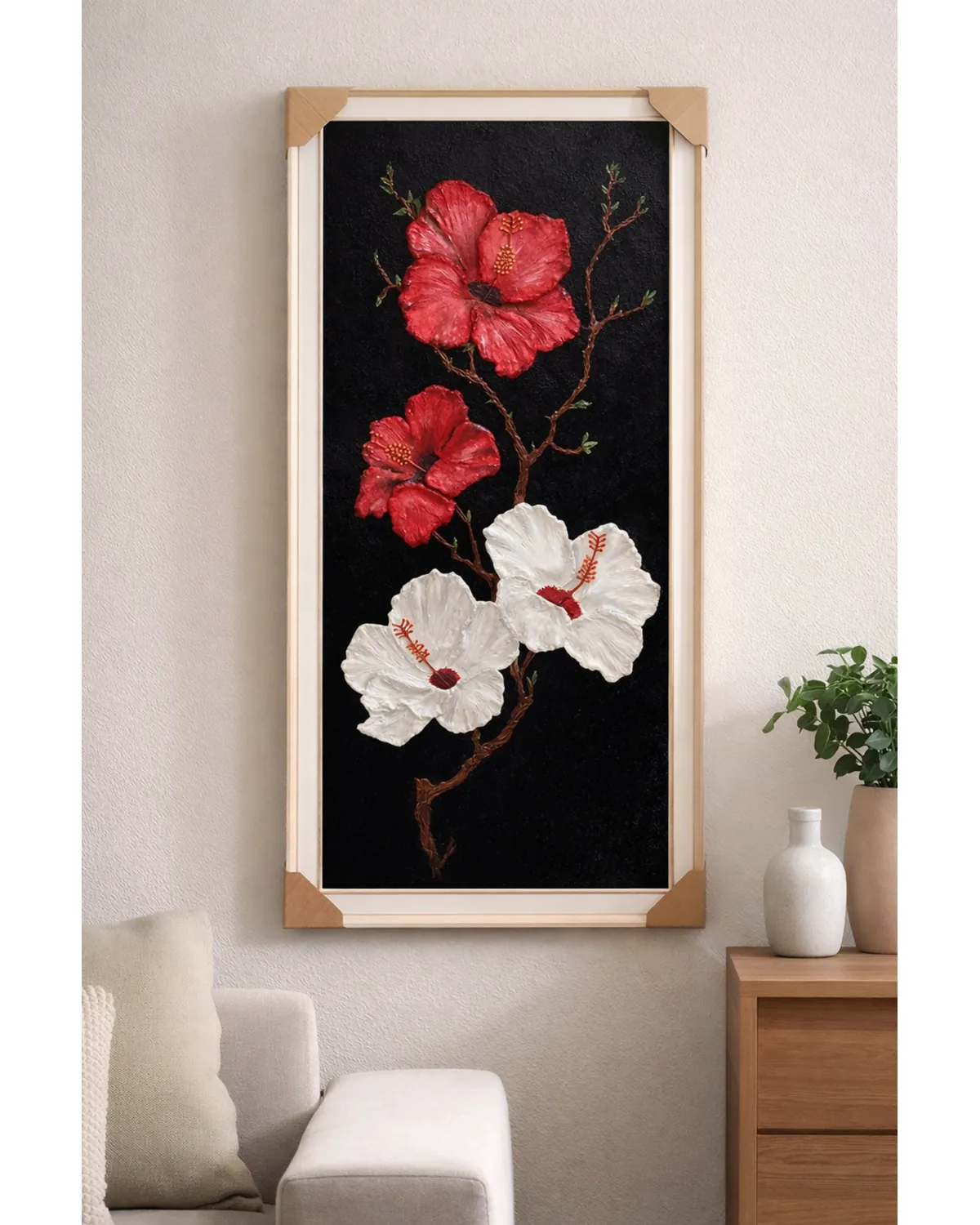 Hibiscus texture wall art displayed in modern living room interior
