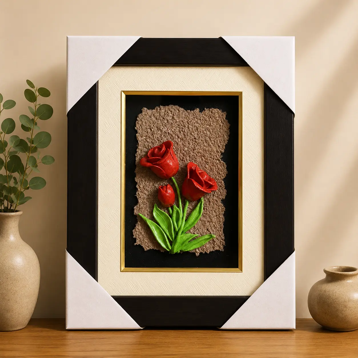 Crimson Tulips handcrafted clay wall art with red tulip floral relief and textured earthy background