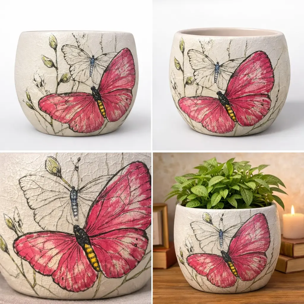 Handmade Pink Butterfly Decoupage Ceramic Planter – Decorative Butterfly Indoor Plant Pot
