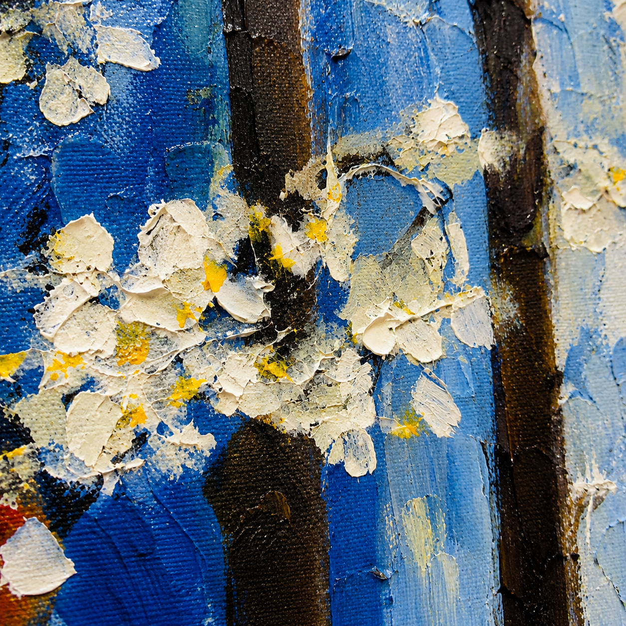 Close-up view of rich palette knife textures and layered floral details in Path of Seasons artwork.