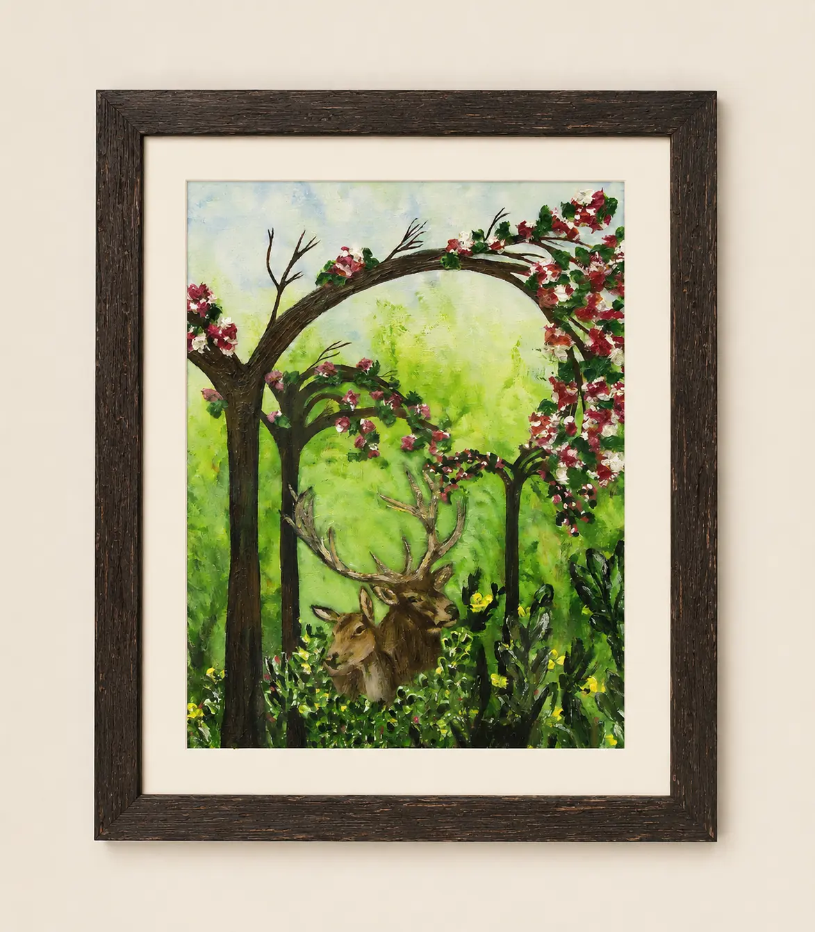 Whispers of the Woodland original texture artwork on 20 x 17 inch canvas board featuring a deer pair beneath flowering garden arches in a lush green landscape.