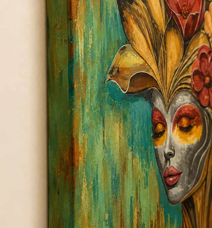 Angled side view of Silent Blossoms canvas showing artwork depth, painted edges, and textured surface finish