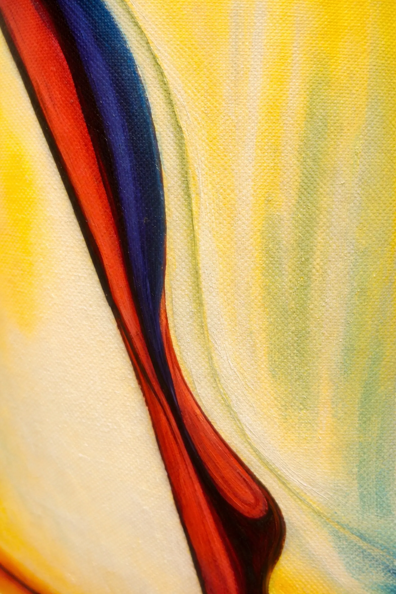 Macro brushstroke detail of Rays of Life painting showing layered color transitions and hand-painted texture