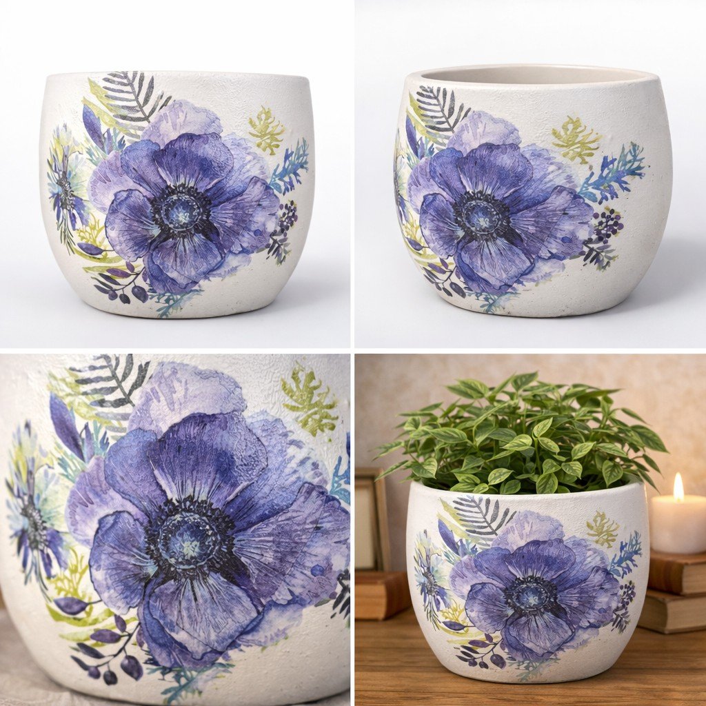 Handmade Lavender bloom Decoupage Ceramic Planter – Decorative Botanical Indoor Plant Pot by Billy Craft House