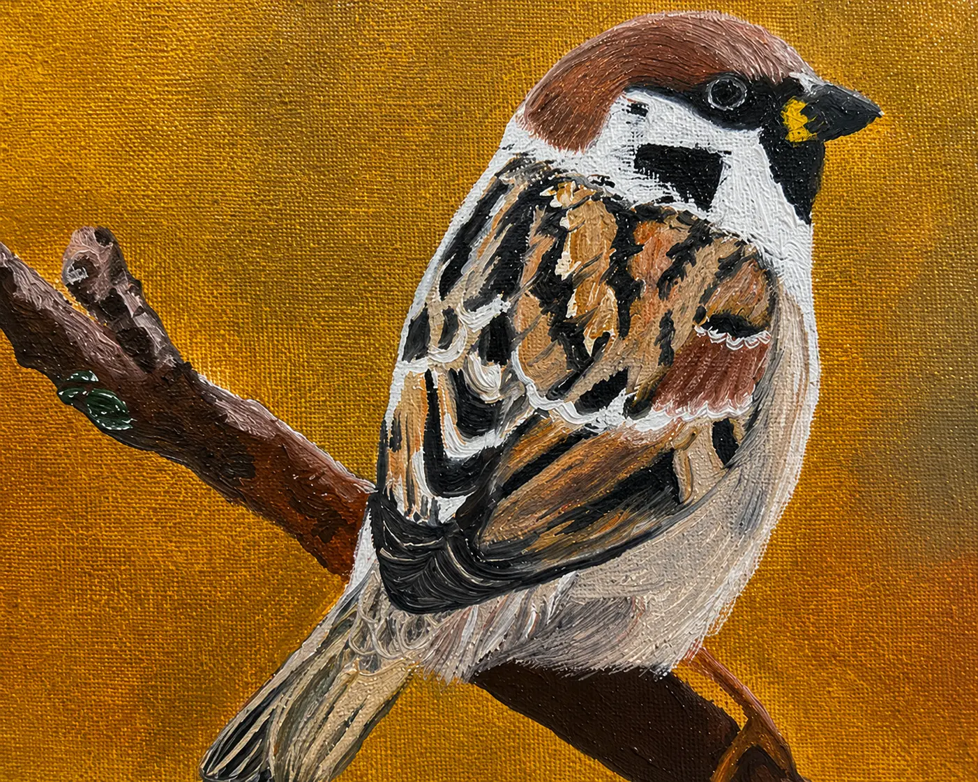 Close-up view of detailed oil brushwork and feather textures in Golden Sparrow wildlife painting.
