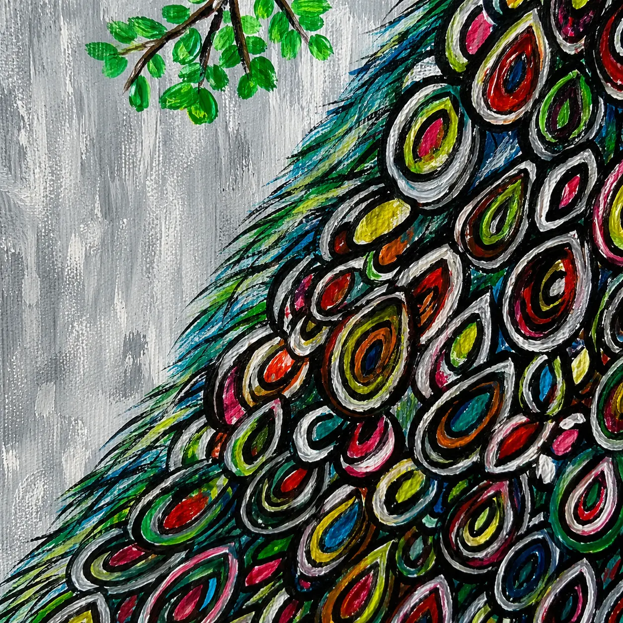 Detailed acrylic painting texture showcasing expressive feather patterns and vibrant color layering in Peacock Reverie.