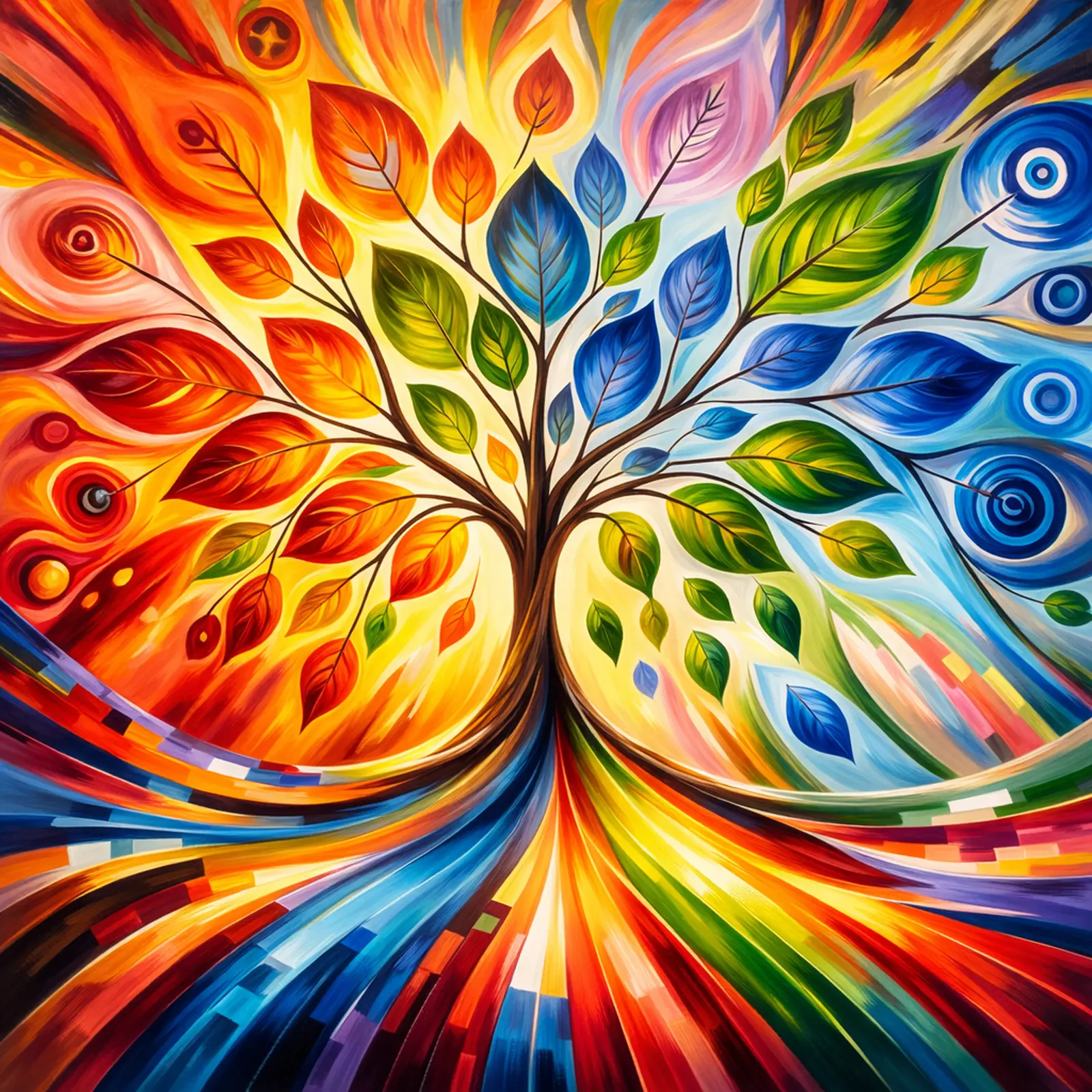 Seasons of the Soul colorful tree oil painting on 38 x 38 inch canvas with radiant multicolored leaves and flowing abstract movement