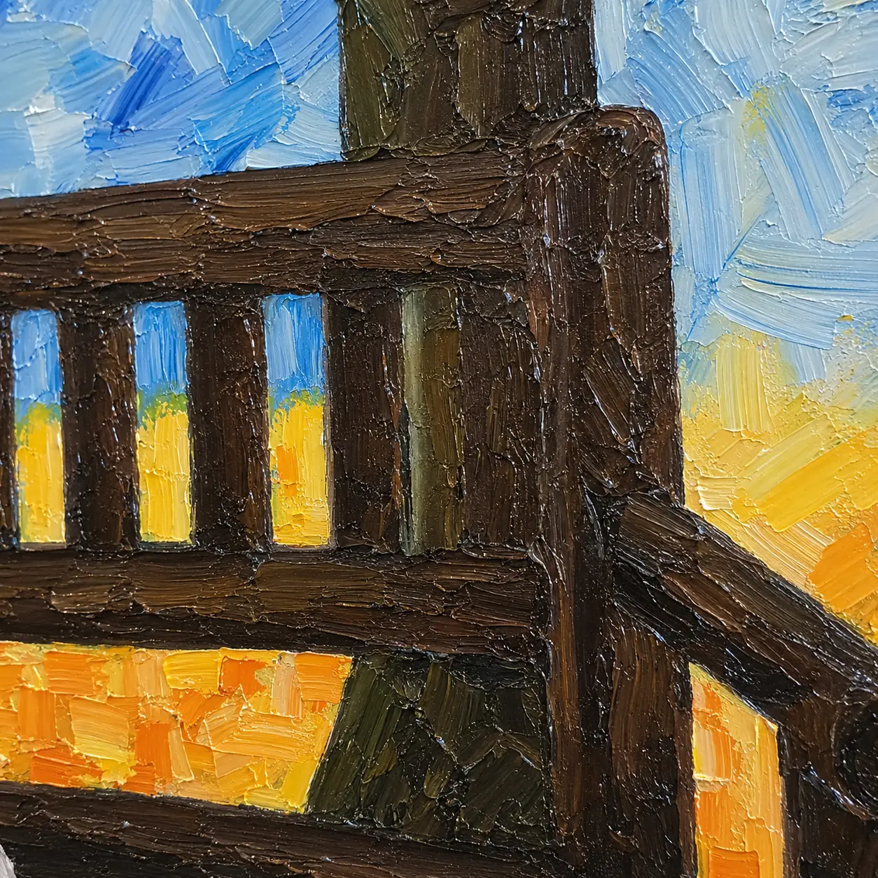 Macro texture detail showcasing dimensional palette knife work and rich acrylic layering in Whispers of Autumn painting.