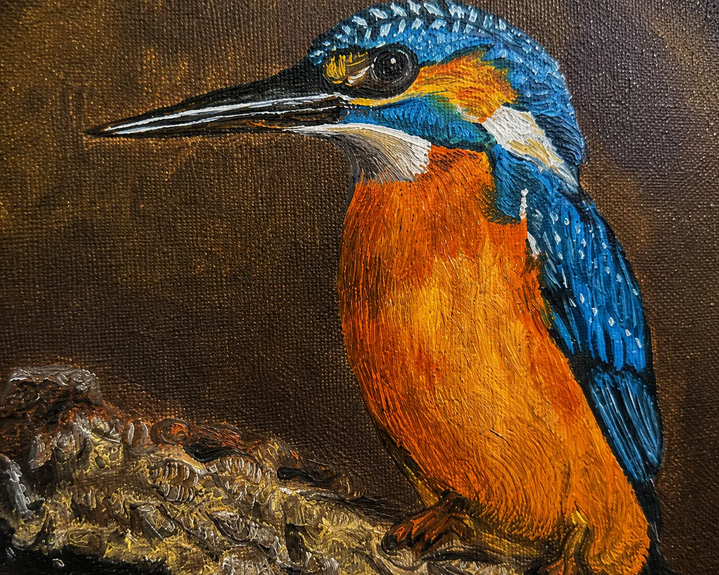 Detailed oil painting texture showcasing layered feather details and realistic bird features in Kingfisher Perch.
