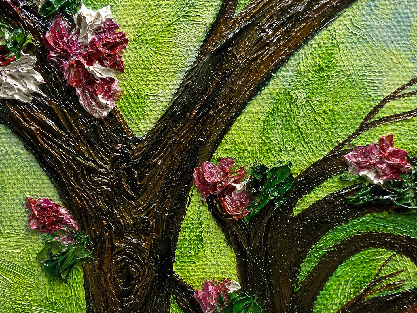 Close-up view of textured foliage, floral details, and layered brushwork in Whispers of the Woodland artwork.