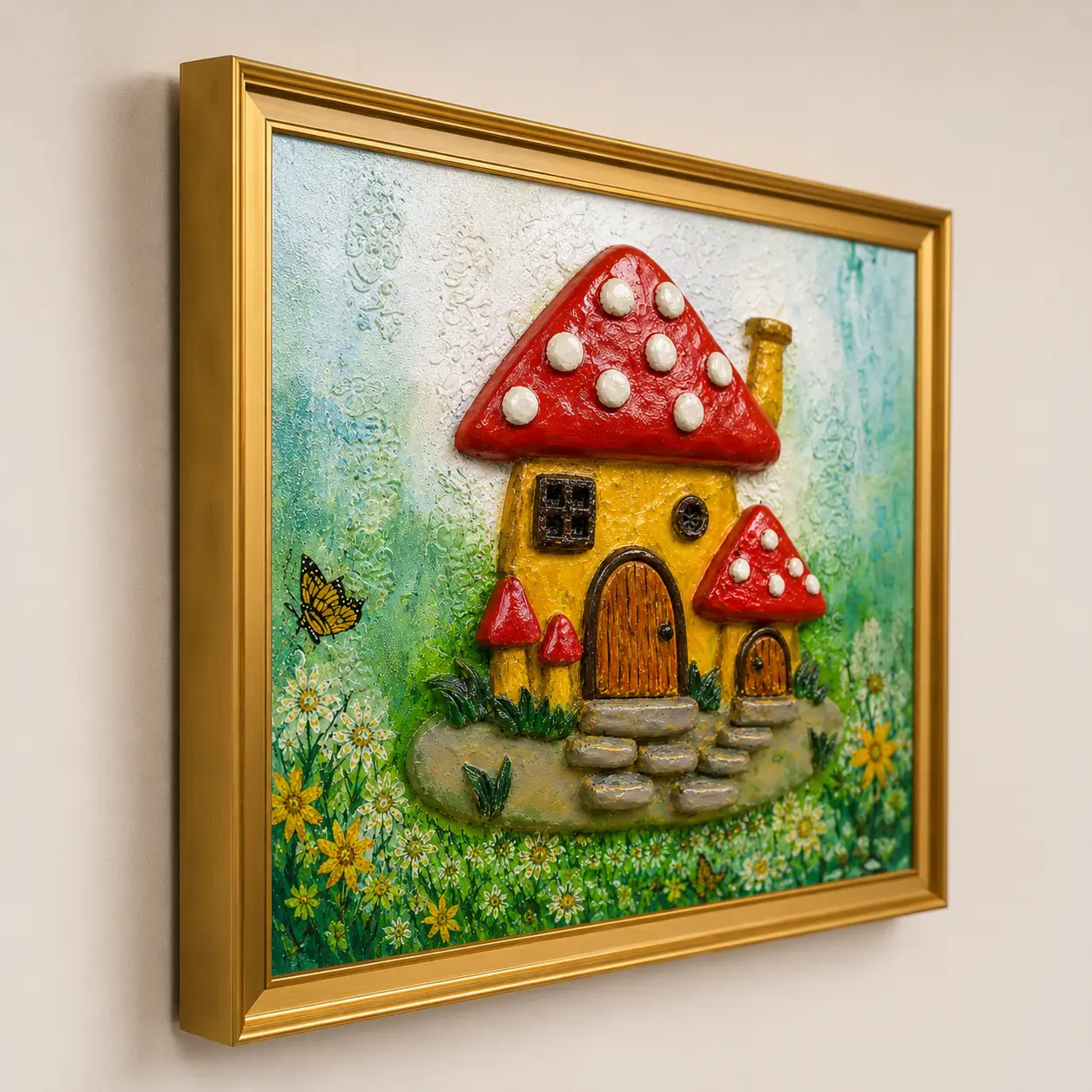 Side-angle view of Enchanted Mushroom Cottage framed clay artwork displaying frame profile, raised clay elements, and dimensional detailing.