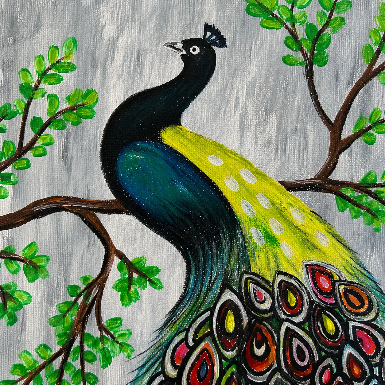 Close-up view of intricate acrylic brushwork and multicolored feather details in Peacock Reverie