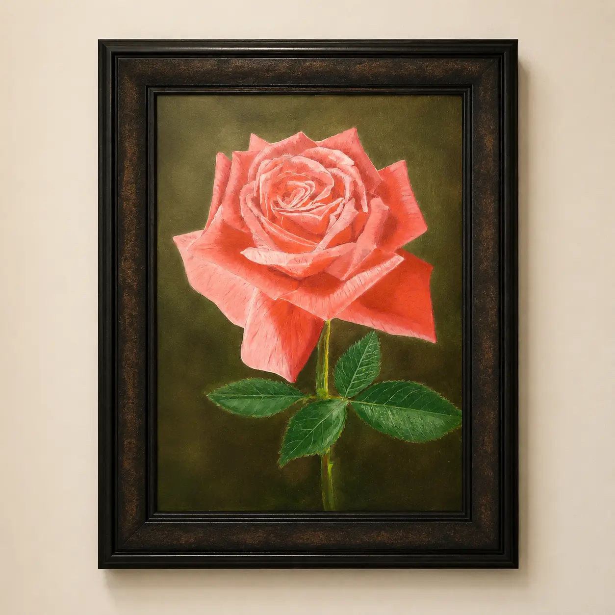 Blush of Grace original oil painting on 17 x 13 inch canvas board featuring a detailed pink rose in full bloom against a dark background.