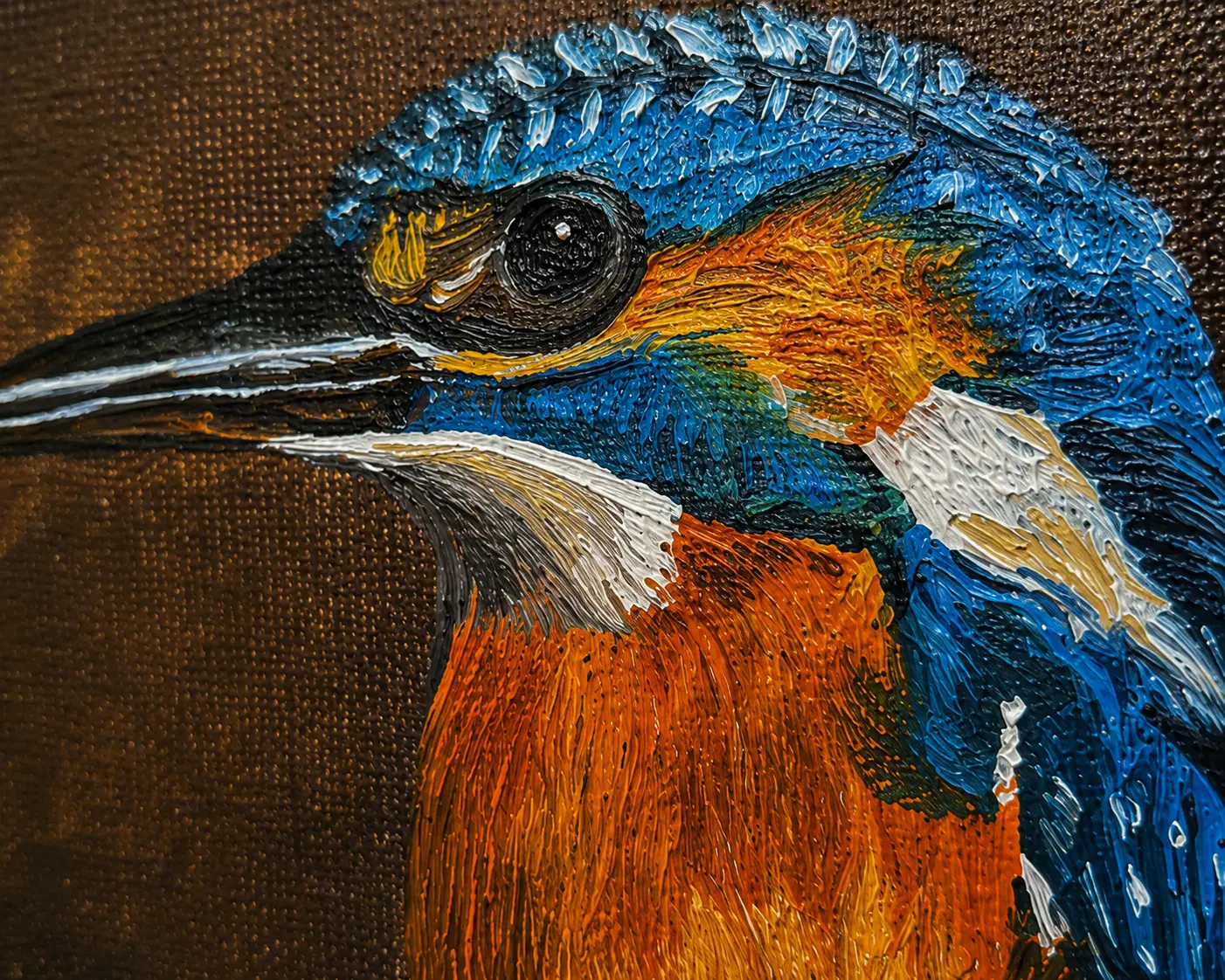 Detailed oil painting texture showcasing layered feather details and realistic bird features in Kingfisher Perch.