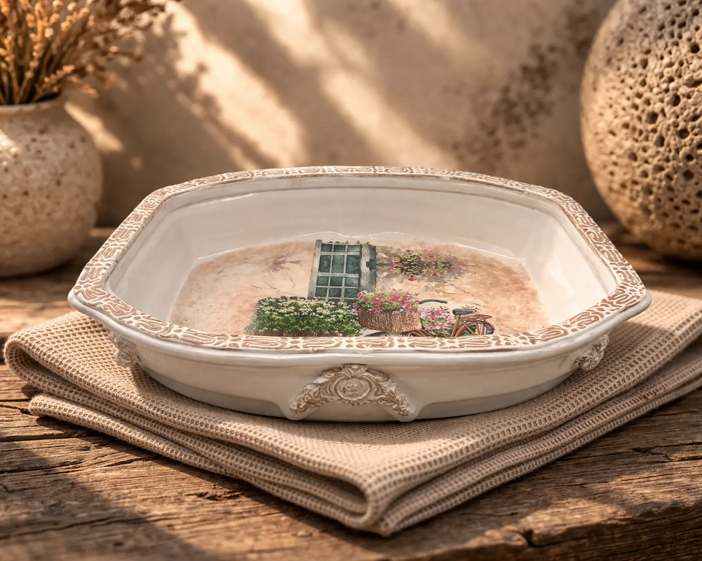 ceramic planter bowl with decoupage artwork and clay detailing