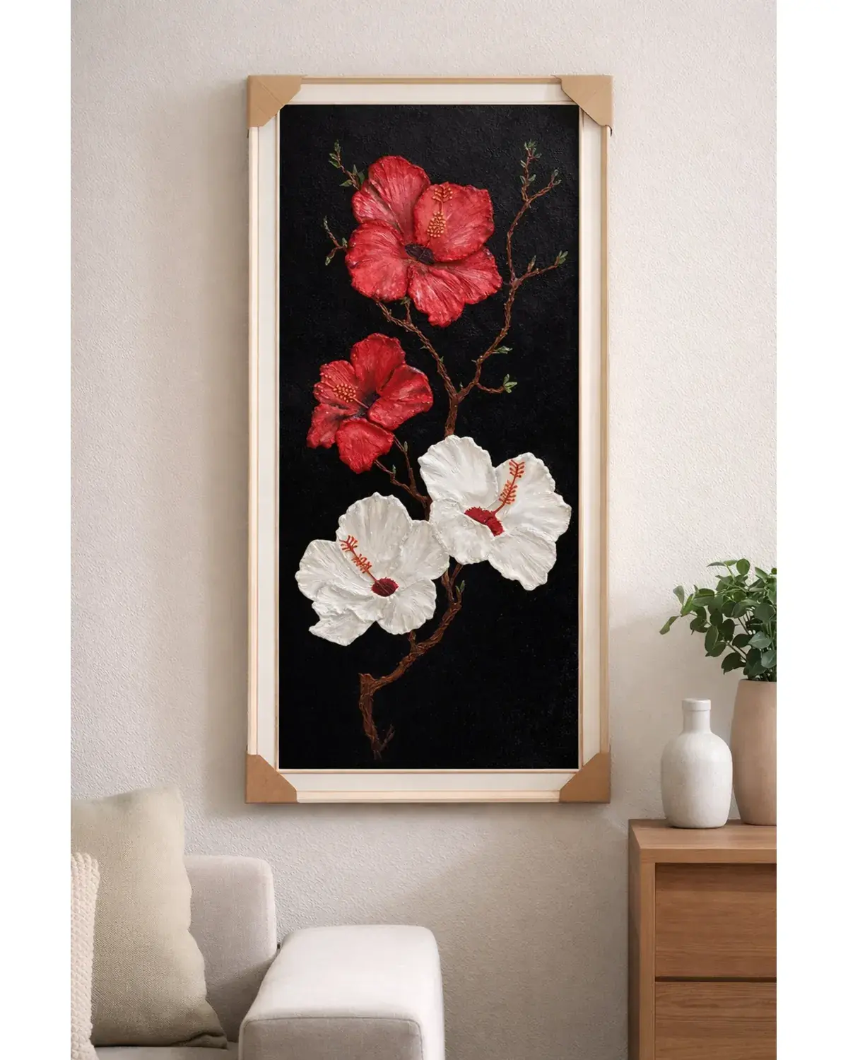 Living Room Lifestyle	billy-craft-house-hibiscus-texture-wall-art-living-room.jpg	Hibiscus texture wall art displayed in modern living room interior	Lifestyle image showing the hibiscus texture artwork styled within a contemporary living space.	Elegant hibiscus texture wall art displayed in a modern living room, demonstrating scale, texture, and decorative impact.