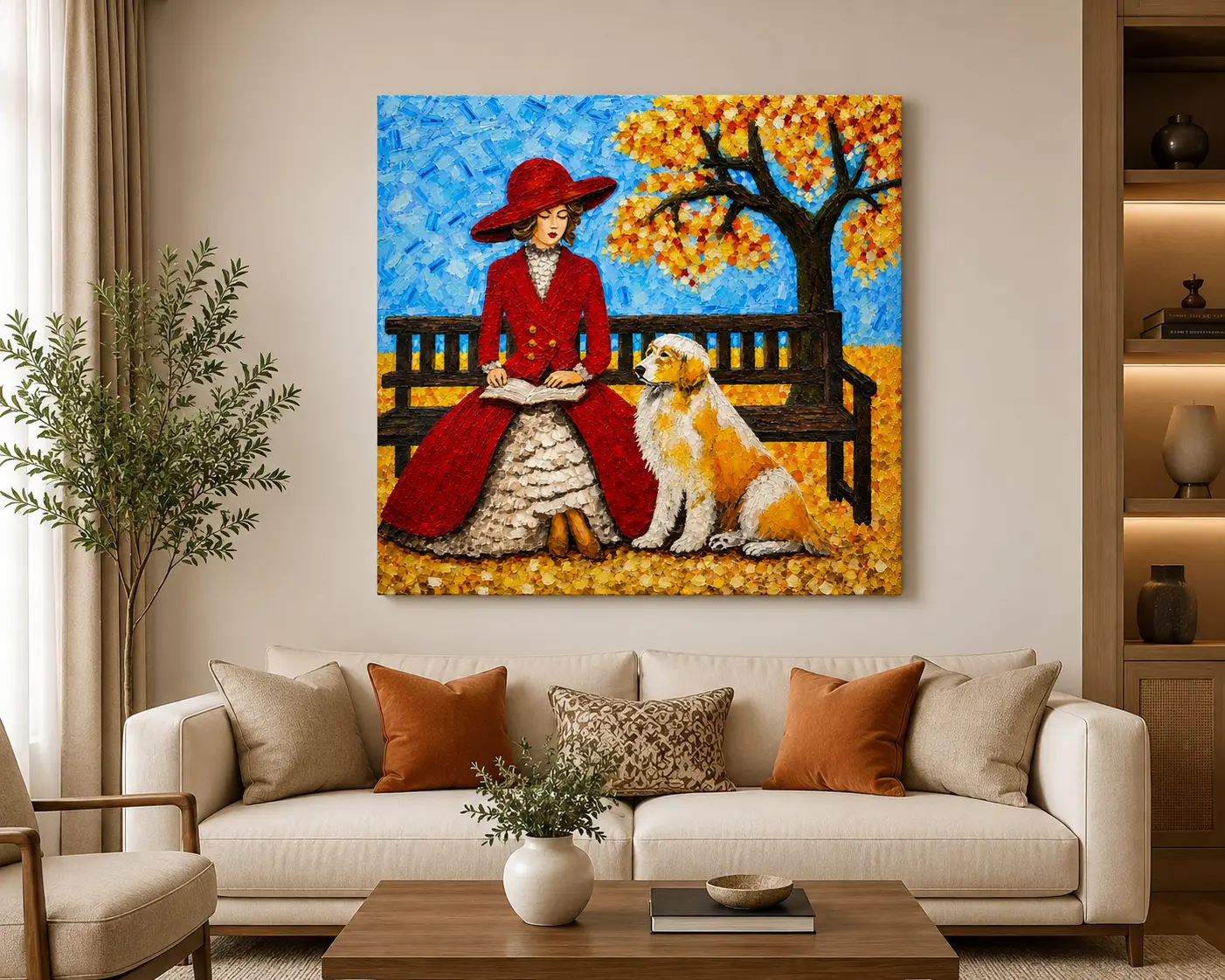 Whispers of Autumn original oil painting displayed above a sofa in a contemporary living room