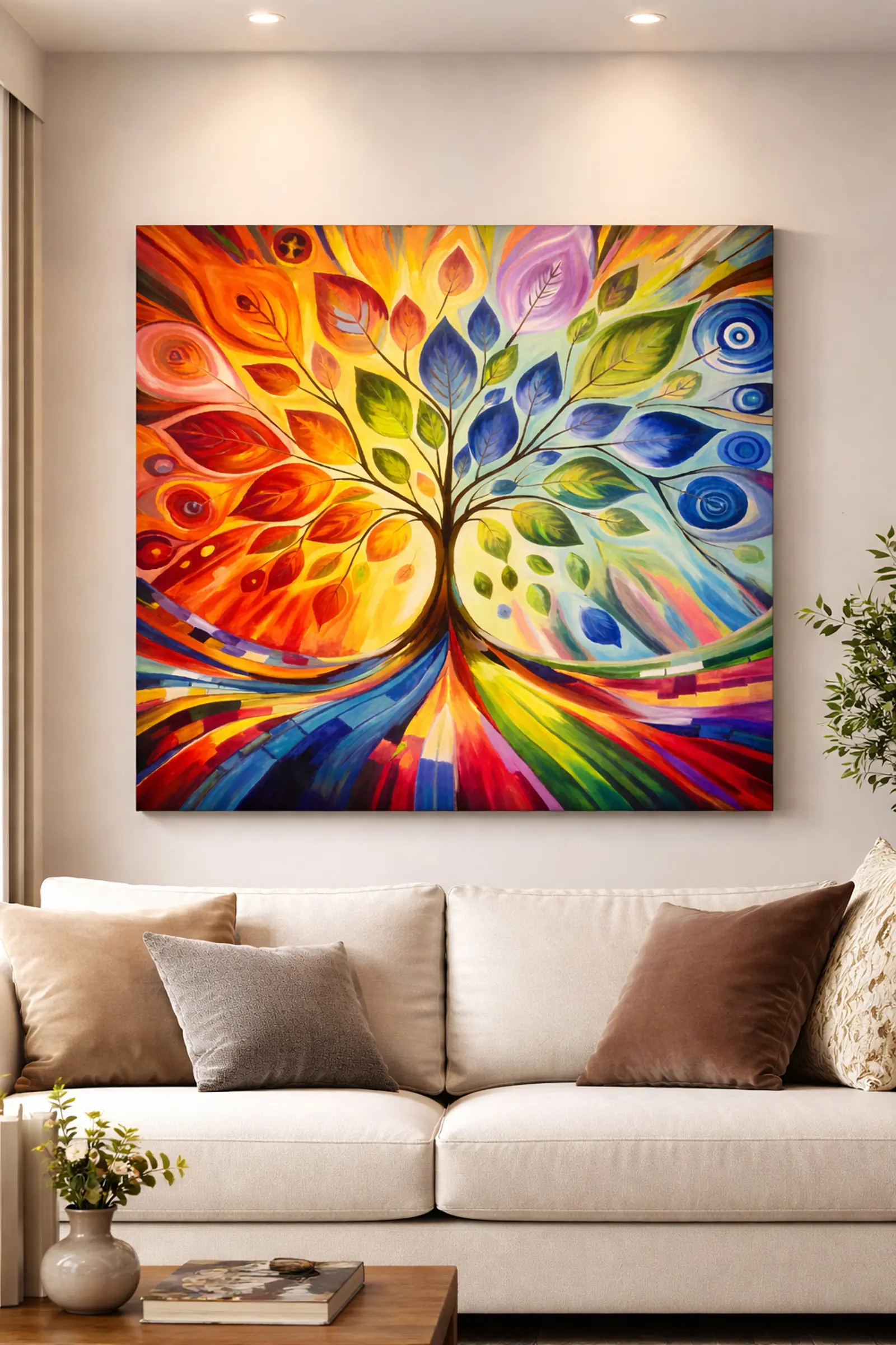 Seasons of the Soul original oil painting displayed above a sofa in a modern living room