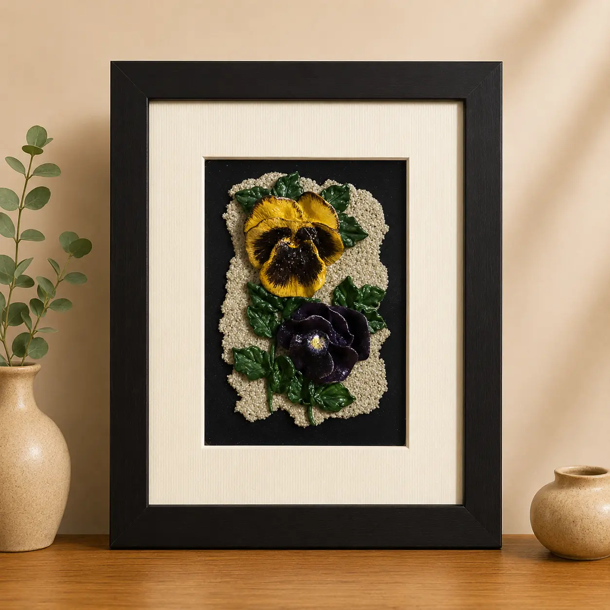 Twilight Pansies handmade clay relief wall art in black frame